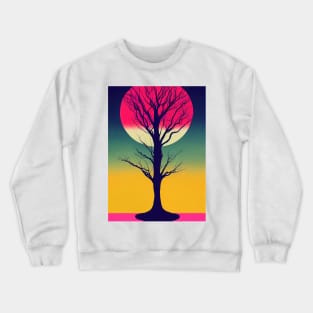 Pink Full Moon Over A Vibrant Colored Whimsical Minimalist Lonely Tree - Abstract Minimalist Bright Colorful Nature Poster Art of a Leafless Branches Crewneck Sweatshirt